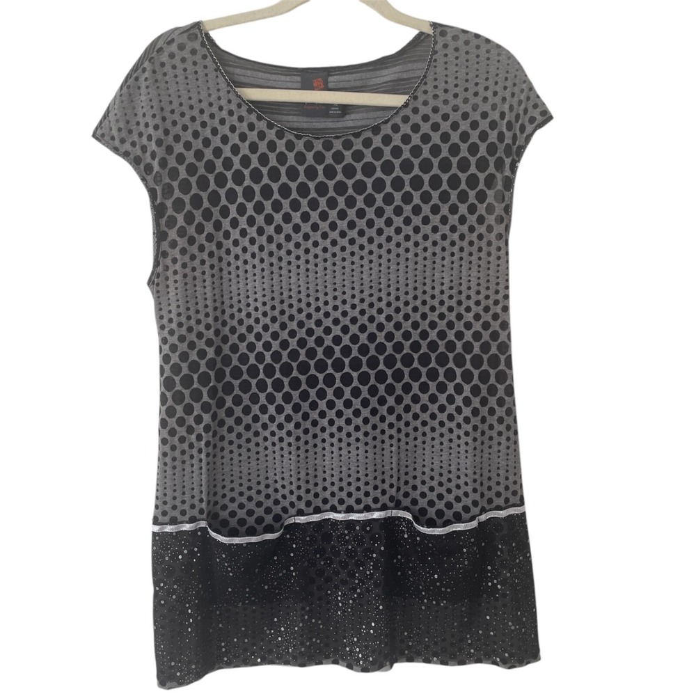 Anac Top Women XL Gray Black Polka Dot Striped Mesh Hem Cap Sleeve Whimsigoth